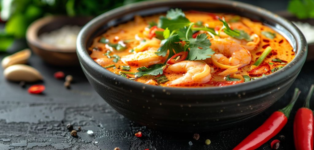avor the rich flavors of a classic seafood moqueca, a culinary masterpiece from northeast Brazil, presented beautifully with succulent shrimp, fresh herbs, and a touch of local spice.